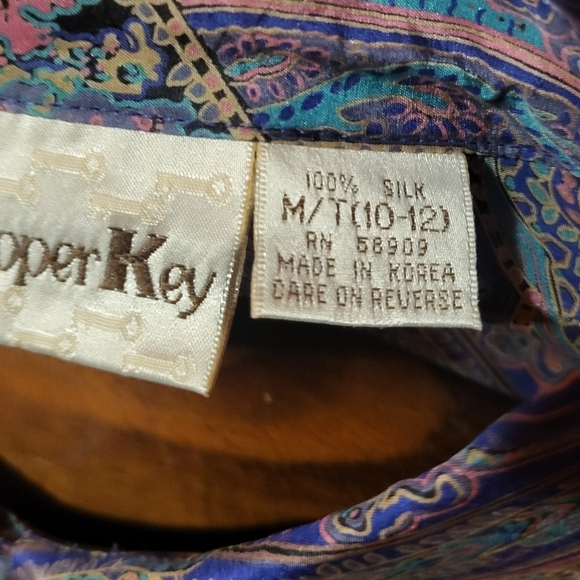 Vintage Copper Key Paisley Silk Satin Button Puff Sleeve Blouse Size Medium - Picture 6 of 8